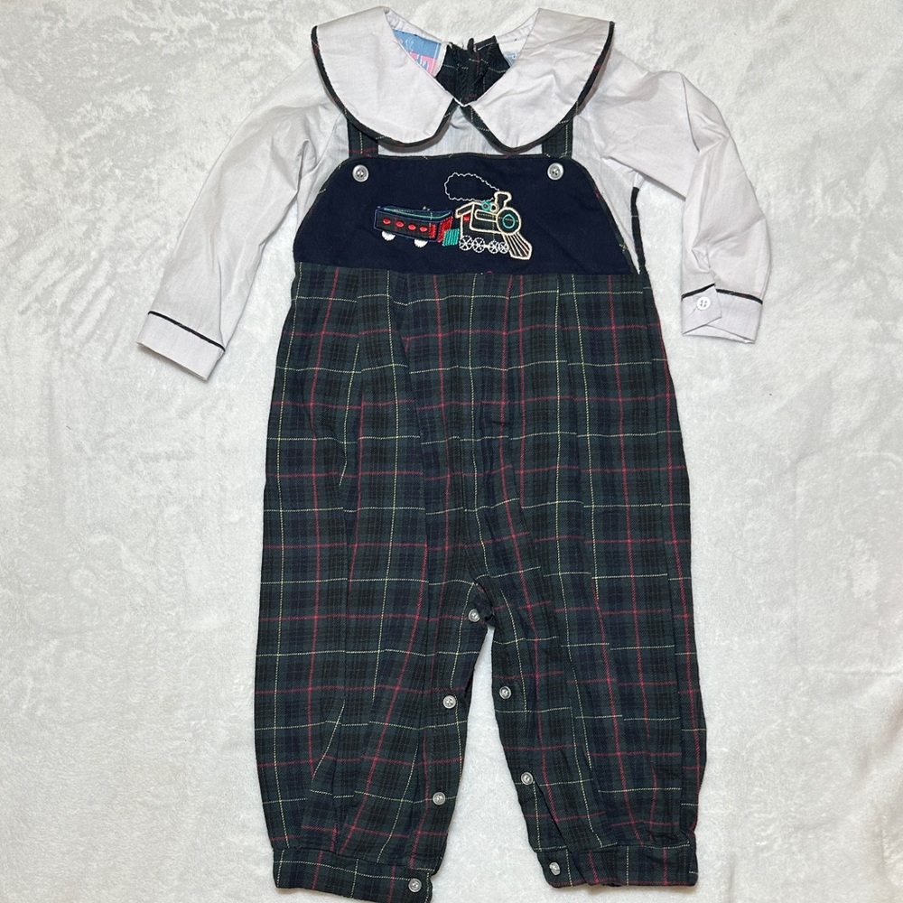 NWOT Vintage Fine & Dandy Plaid longall with train embroidery 12mo